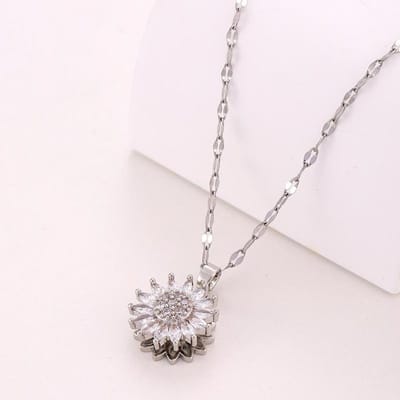 Colliers Tournesol Tendance à Rotation en Acier Inoxydable Zircon pour Femmes Métal Cristal Collier Fête Cadeaux d'Anniversaire Bijoux white