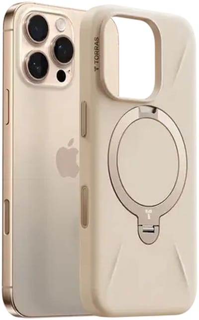 TORRAS Ostand Q Pro Silicone - Hoesje Geschikt voor Apple iPhone 16 Pro Max - Compatibel met MagSafe - 360° Draaibare Magnetische Standaard - Back Cover Kickstand Ring - Beige