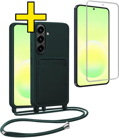 Hoesje Geschikt voor Samsung A57 Hoesje Met Koord Met Screenprotector Siliconen Case - Hoes Geschikt voor Samsung Galaxy A57 Backcover Met Afneembaar Koord - Donkergroen