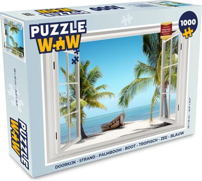 Puzzel Doorkijk - Strand - Palmboom - Boot - Tropisch - Zee - Blauw - Legpuzzel - Puzzel 1000 stukjes volwassenen