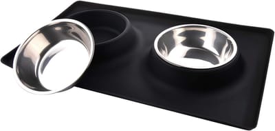 RVS Dubbele Hondenschalen met Antislip Siliconen Mat - Voer- en Waterschalen voor Kleine en Middelgrote Honden (13 oz per schaal, Zwart)