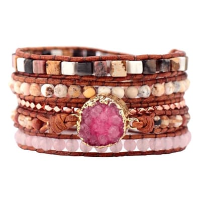 Marama - wikkelarmband Pink Druzy - dames armband - Druzy - 82.5 cm - cadeautje voor haar
