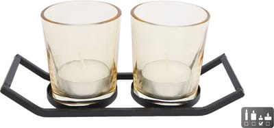 Theelicht zwart/goud metaal/glas 16.5x6.5x7cm