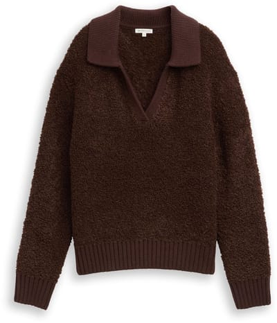Tom Tailor - Bouclé gebreide trui met kraag - Maat XL - dark pecan brown melange