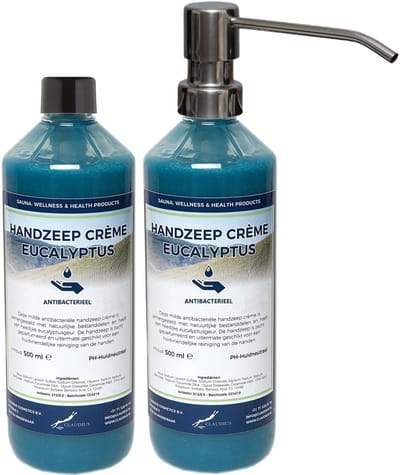 Handzeep Crème Eucalyptus 500 ml - set van 2 stuks - met gratis RVS zilverkleurige pomp - Voordeelverpakking
