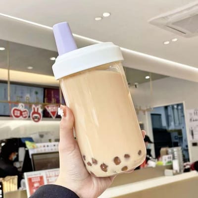 Kawaii Cat Boba Plastic Waterfles met Rietje PU Hoes Leuke Koffie Bubble Tea Melkbekers Draagbare Drinkfles BPA Vrij 850ml paars