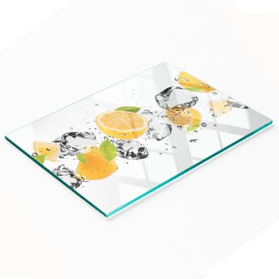 Decoratieve snijplank van gehard glas met citroen- en watermotief, 80x52 cm