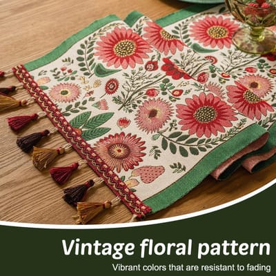 Dailygoods- Tafelloper Vintage Bloemenontwerp - Luxe Tafelkleed - Retro Tafeldecoratie - Binnen/Buiten - Kwastjes - Lichtbestendig