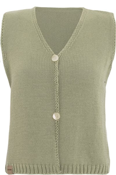Knit Factory Lumi Dames Gilet Top - Gebreide Dames Top met V-hals en Sierknopen - Zomertop gemaakt van Katoen & Acryl - Mouwloos - Olive Mist - 36/38