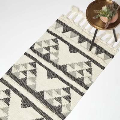 Homescapes handgeweven kelimloper Kota - 66 x 200 cm, zwart-grijs-crème patroon