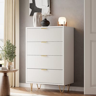 Ladekast met 4 lades – Moderne bijzettafel met metalen handgrepen en poten – Geschikt voor woonkamer, slaapkamer en hal – Wit