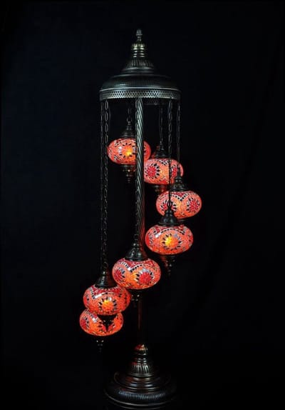 Turkse lamp 7 bollen vloerlamp - handgemaakt mozaïek in rood en oranje - hoogte 160 cm - E-14 fitting