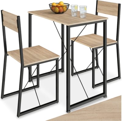 tectake® Zitgroep 3-delig - Eetgroep voor 2 personen - Eettafel met 2 stoelen - Industrieel design - Zwart metalen frame - Draagkracht tafel 75 kg stoel 120 kg - Afmeting (LxBxH) tafel 80 x 50 x 77 cm stoel 42 x 44 x 90 cm - Lichtbruin