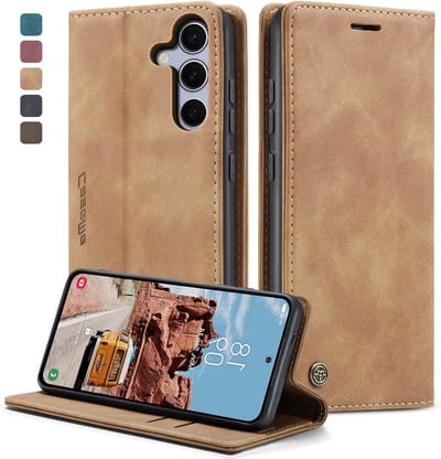 Premium Leren Hoes voor Samsung Galaxy S25 - Vintage Nubuck, Vouwbare Stand, Kaartvak en Flipfunctie, Bruin