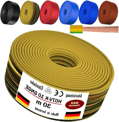 Aderkabel H07 V-K 1x10 mm² zwart, bruin, donkerblauw, groengeel, lichtblauw of rood enkele aders flexibel 5m, 10m, 20m, 25m, 30m, 40m, 50m tot 100m (groengeel, 30m)