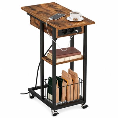 Solvix Bijzettafel met USB en Stopcontact – C Vormige Salontafel en Laptoptafel met Wielen – Industrieel Bedtafel met Opbergrek