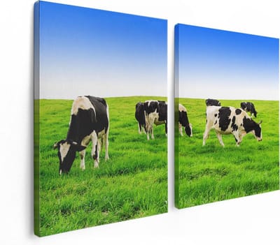 Artaza Canvas Schilderij Tweeluik Kudde Koeien In De Wei - Hemel Blauwe Lucht - 120x80 - Foto Op Canvas - Canvas Print
