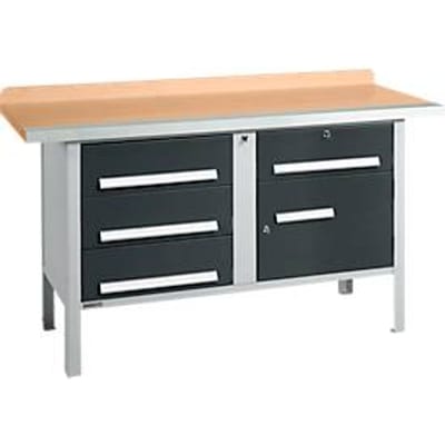 Box-type werkbank Schäfer Shop Select PWi 150-5, beuken multiplex blad, met stalen rand, tot 750 kg, B 1500 x D 700 x H 840 mm, antraciet