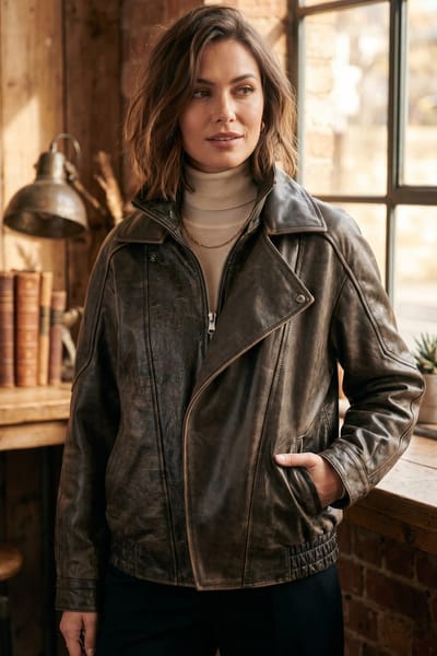 Dames bruine koeienleer Big Bomber Biker Blouson Oversized Jas - Bloom