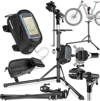 tectake® Fiets Montagestandaard - Fietsenstandaard - Fietslift - E-Bike & Fiets Reparatiestandaard - Geschikt voor alle soorten Fietsframes - Traploos Verstelbaar (106 - 169 cm) en 360° draaibaar - Inclusief Fietstas - Frametas