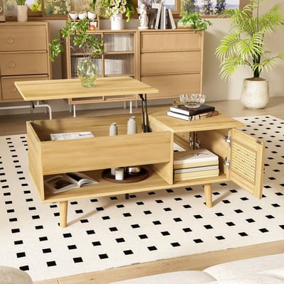 DESMIU Salontafel Met Opklapbaar Blad En Rattan Deuren Voor Woonkamer En Thuiswerkplek Van Spaanplaat In Houtkleur En Zwart 103x50x46 Cm