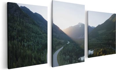 Artaza Canvas Schilderij Drieluik Weg Door Het Bergen Landschap  - 120x60 - Foto Op Canvas - Canvas Print