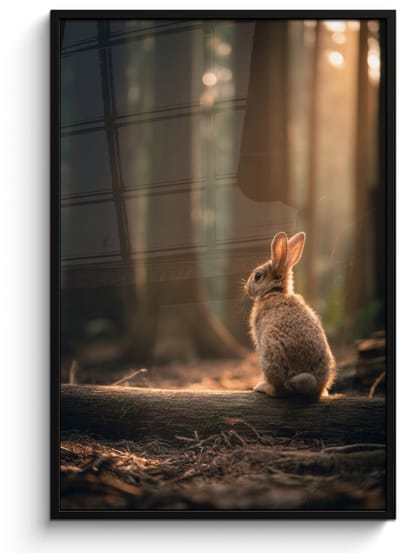 Poster in lijst - Fotolijst 80x120 cm - Posters - Konijn - Bos - Zonnestralen - Posterlijst zwart - Decoratie - Wanddecoratie woonkamer - Muurdecoratie slaapkamer