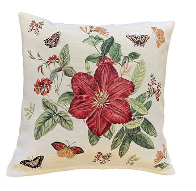 Kussenhoes - luxe gobelinstof - Tiffany- Kleurige rode bloemen en vlinders