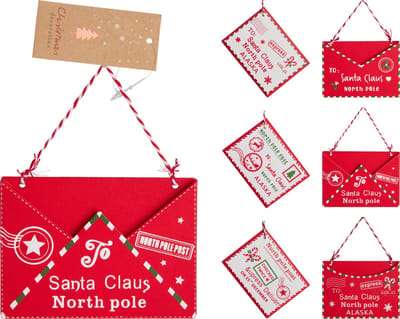 Home & Styling Kerst Cadeauverpakking enveloppe in hout - Set van 6 stuks - 9cm - Rood/Wit
