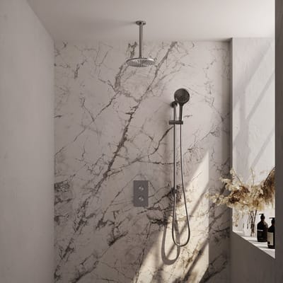 Brauer Brushed Edition thermostatische inbouw regendouche 3-weg omstelling SET 47 met 20 cm douchekop en plafondarm en 3-standen handdouche en doucheslang en geïntegreerde glijstang RVS geborsteld PVD
