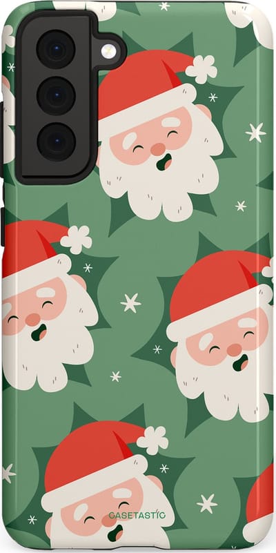 Casetastic hoesje geschikt voor Samsung Galaxy S21 FE 5G - Dubbellaagse bescherming - Vrolijke Kerstmannen in de Sneeuw - Fashion Case - Saliegroen Wit Perzik Crème