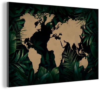 Aluminium schilderij 150x100 cm - Wanddecoratie metaal - Wereldkaart - Planten - Tropische Planten - Metalen muurdecoratie woonkamer - Decoratie industrieel - Foto op dibond - Industriële accessoires slaapkamer
