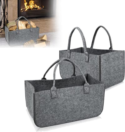 Set van 2 Herbruikbare Vilten Tassen voor Haardhout, Boodschappen en Opslag - 50x25x25 cm Lichtgrijs