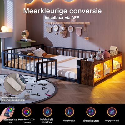 VVBV Metalen Bed 140x200 cm met Uitvalbeveiliging, Planken - LED-Verlichting - Metaal Zwart - Zonder Matras