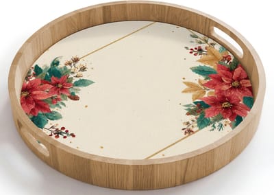 Dienblad rond 40x40 cm - Schootdienblad hout - Kerst - Poinsettia - Omlijsting - Kleurrijk - Borrelplank rechthoek - Plateau houten dienbladen