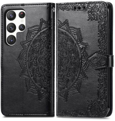 YPCd - Bookcase geschikt voor Samsung Galaxy S23 Ultra - Bloemen Design - Portemonnee / Wallet Hoesje - Zwart
