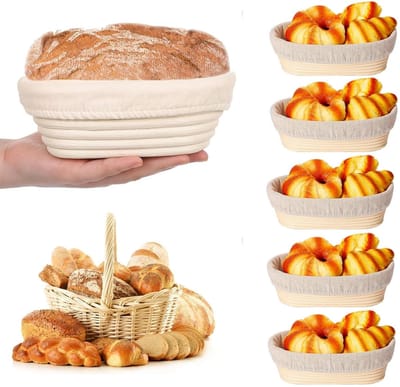 Dailygoods- Baneton set van 6 - Ovale Broodrijsmanden - Rotan met Linnen Voering - Zuurdesem Bakbenodigdheden - Professioneel en Thuisgebruik - 6,7 x 4,7 x 2,4 inch - Broodrijsmand
