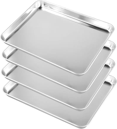 Set van 4 Kleine Bakplaten van RVS, Rechthoekige Bakvorm voor Taarten, Koekjes en Roosteren, 23.5 x 17.5 x 2.5cm, Perfect voor Bakken en Serveren