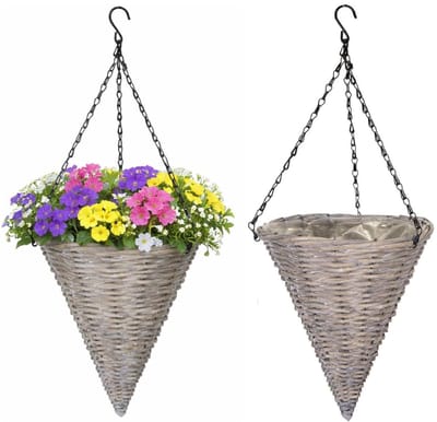 Mega collections plantenmand hangend - 2x - kegelvorm - grijs - H35 cm - plantenpot/bloempot
