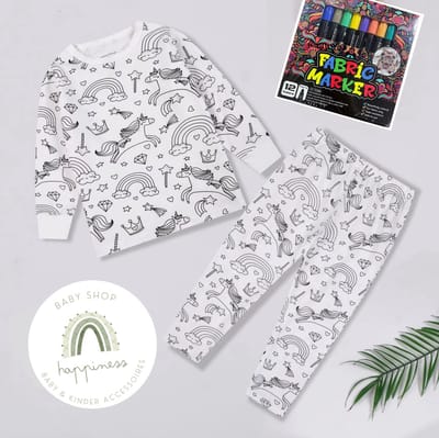 Pyjama unicorn - om zelf in te kleuren - cadeautip - verjaardag - met 12 stiften - Maat 116 - 6 jaar
