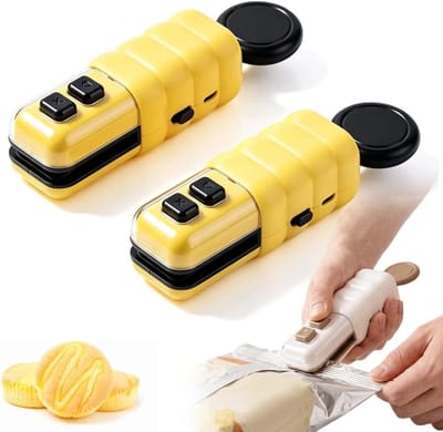 2 Stuks Bag Sealer Klein - Draagbare Mini-Sluitmachine - Draagbare Sluitmachine - 2-In-1 Sealer en Snijder - Handheld Sluitmachine - Zak Sealers - Met Magneet - Oplaadbaar Ontwerp - Voor Het Vers Houden Van Plastic Zakken, Voedsel en Snacks - Geel