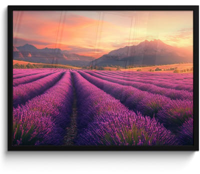 Poster in lijst - Fotolijst 70x50 cm - Posters - Lavendelveld - Zonsondergang - Paars - Posterlijst zwart - Decoratie - Wanddecoratie woonkamer - Muurdecoratie slaapkamer
