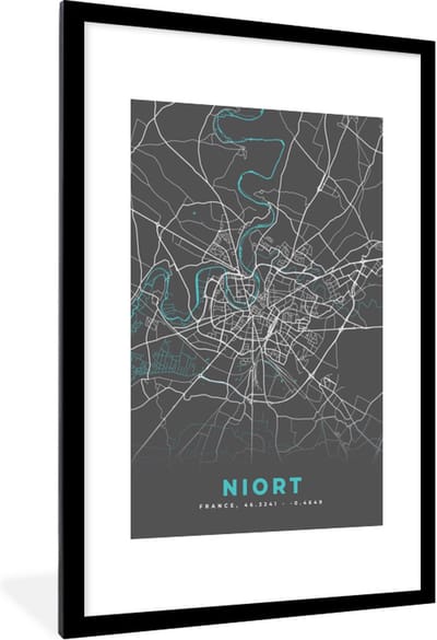 Fotolijst incl. Poster - Niort - Plattegrond - Kaart - Frankrijk - Stadskaart - 80x120 cm - Posterlijst