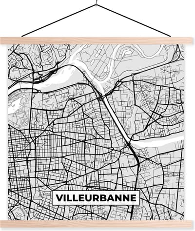 Posterhanger incl. Poster 40x40 cm - Schoolplaat - Kaart - Stadskaart - Villeurbanne - Plattegrond - Frankrijk - Textielposter - Blanke latten - Stadskaart