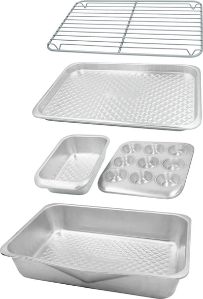 MasterClass Gerecycled Aluminium 5 stuks bakset, stapelbare bakset met broodrooster, muffinpan, 2lb broodvorm, bakplaat & rooster
