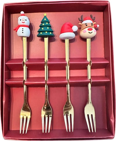 Kerst Vorkjes Set van 4 - Sneeuwpop, Kerstboom, Rendier & Kerstmuts - Goud Kerstbestek met Decoratie