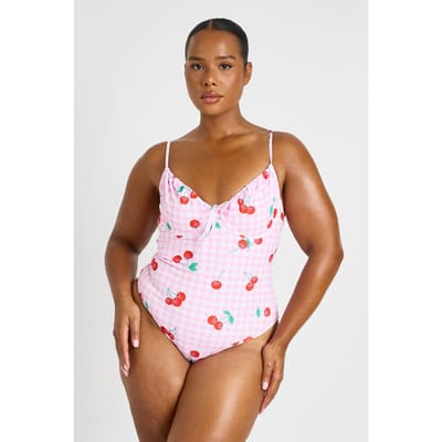 boohoo Dames Plus Kersen Ruitjes Print Beugel Plunge Badpak | Roze | Maat: 44