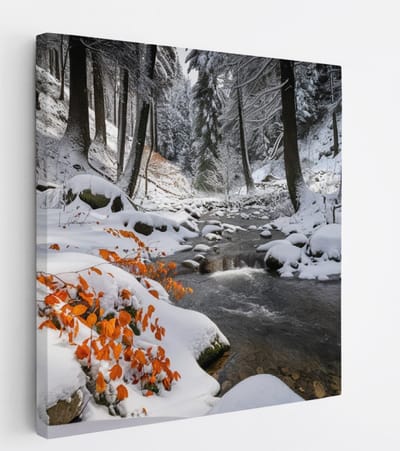 Saammp Canvas Schilderij - Beekje in de winter - Bloemen - Landschap - Natuur - 20x20 - Foto op canvas - Wanddecoratie - Muurdecoratie Woonkamer - Slaapkamer decoratie - Canvas Print