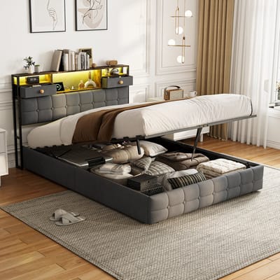 Gestoffeerd bed 140x200cm met oplaadstation en ledverlichting, tweepersoonsbed met opbergruimte in het hoofdeinde en lattenbodem, fluweel, grijs, exclusief matras