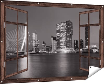 Gards Tuinposter Doorkijk Rotterdamse Skyline - Zwart Wit - 150x100 cm - Tuindoek - Tuindecoratie - Wanddecoratie buiten - Tuinschilderij